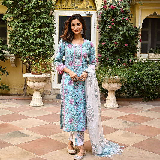 Pink & Sky Blue Fancy Kurti With Bottom Dupatta set