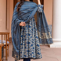 Blue Floral Anarkali Kurta Set For Women