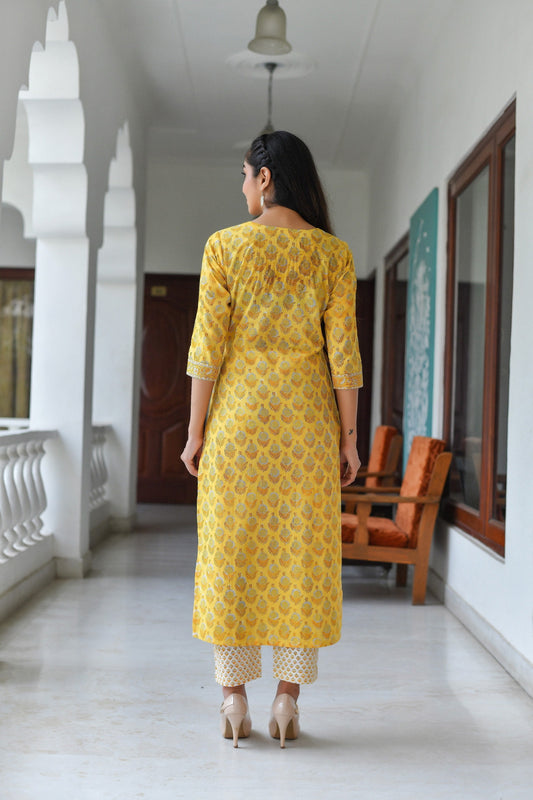 Yellow Printed Straight Kurta and Pant Set with Dupatta