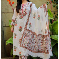 Women White Floral Print Pure Cotton Kurta with Trouser with Dupatta