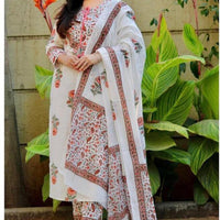 Women White Floral Print Pure Cotton Kurta with Trouser with Dupatta