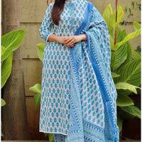 Women Pure Cotton Kurta Pant Dupatta Set