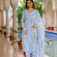 Women Block Printed Kurta and Pant Set With Dupatta in Traditional design