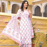 Pink and White Color Straight Kurta set with Dupatta and pant