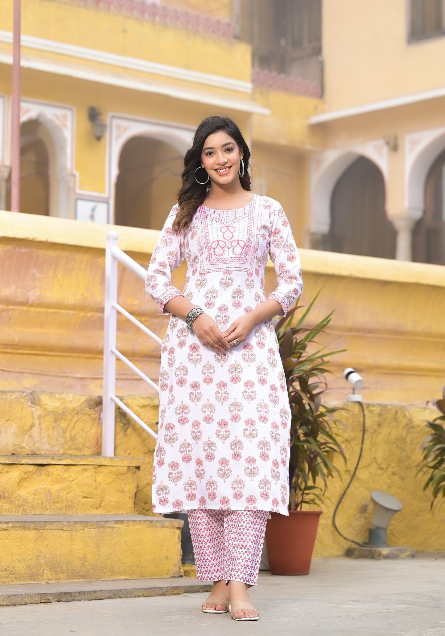 Pink and White Color Straight Kurta set with Dupatta and pant