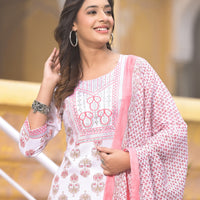 Pink and White Color Straight Kurta set with Dupatta and pant