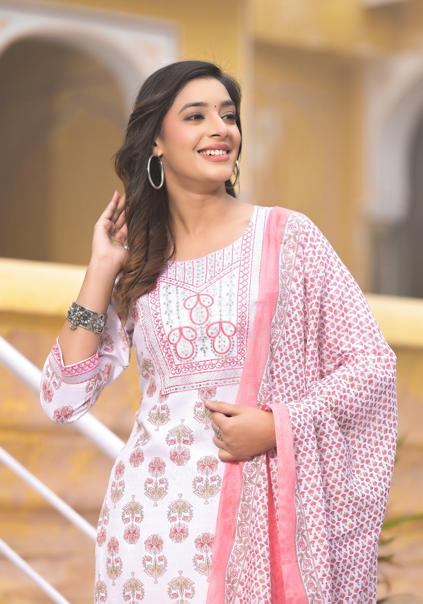 Pink and White Color Straight Kurta set with Dupatta and pant