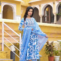 Blue and White Simple Daily Wear Kurta Set for Women