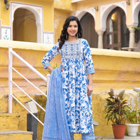 Blue and White Simple Daily Wear Kurta Set for Women