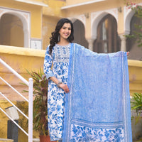 Blue and White Simple Daily Wear Kurta Set for Women