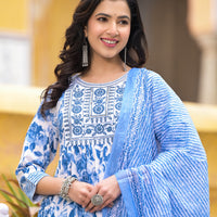 Blue and White Simple Daily Wear Kurta Set for Women