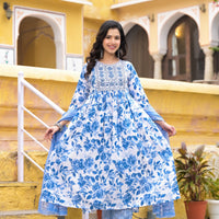 Blue and White Simple Daily Wear Kurta Set for Women