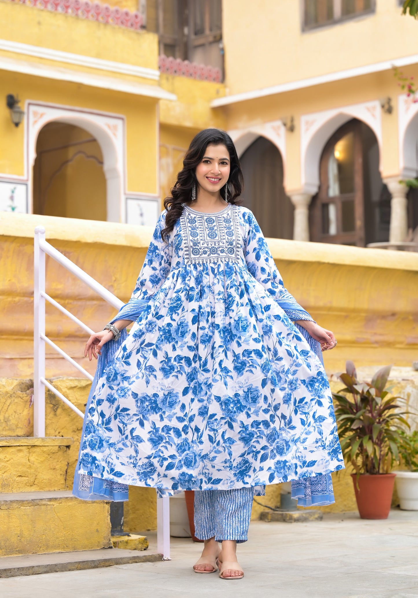 Blue and White Simple Daily Wear Kurta Set for Women