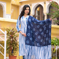 White and Blue Color Tie Die printed Kurta set with Bottom and Dupatta