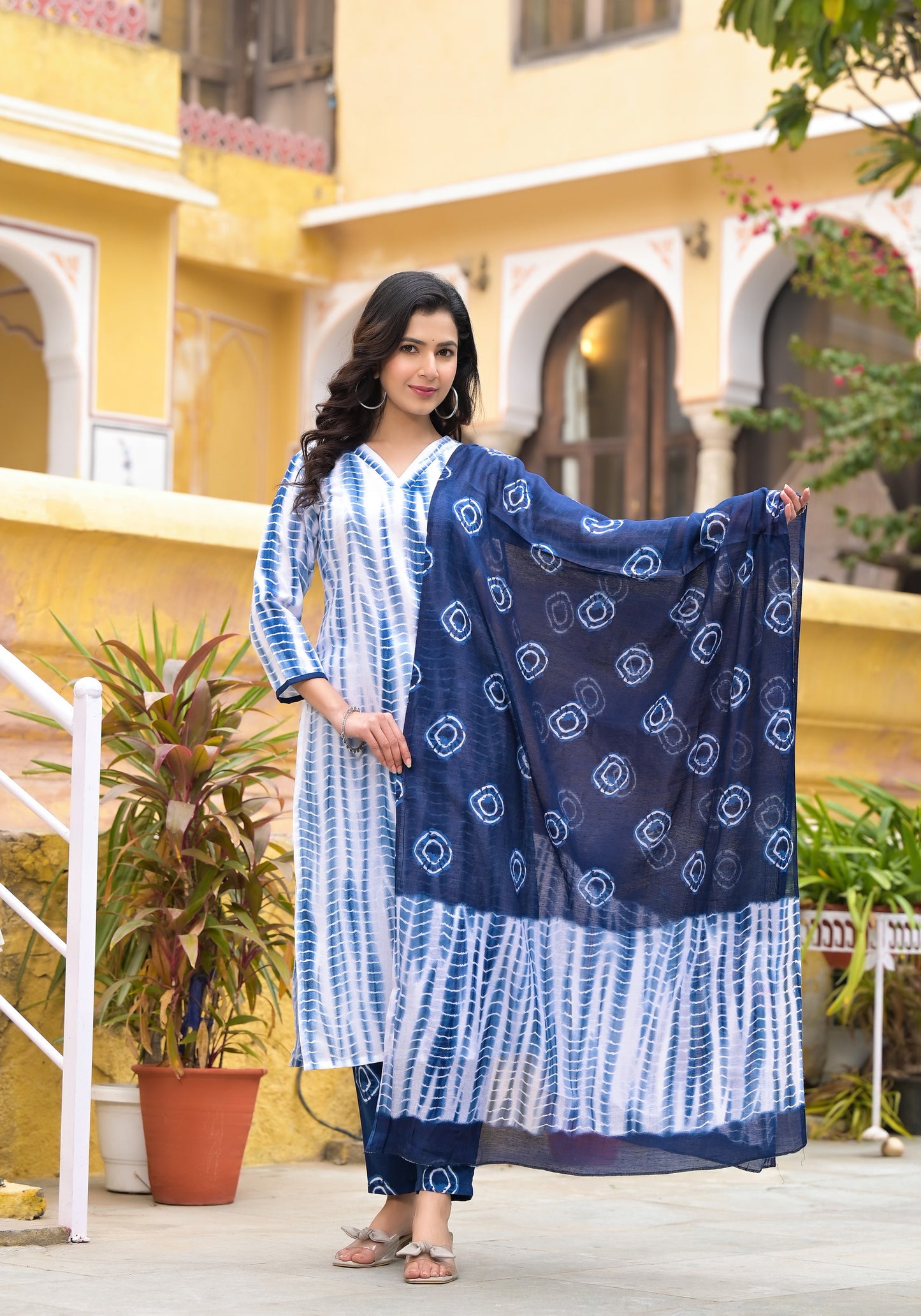 White and Blue Color Tie Die printed Kurta set with Bottom and Dupatta