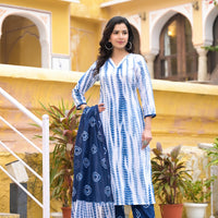 White and Blue Color Tie Die printed Kurta set with Bottom and Dupatta