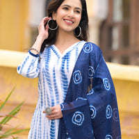 White and Blue Color Tie Die printed Kurta set with Bottom and Dupatta