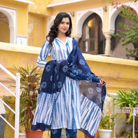 White and Blue Color Tie Die printed Kurta set with Bottom and Dupatta