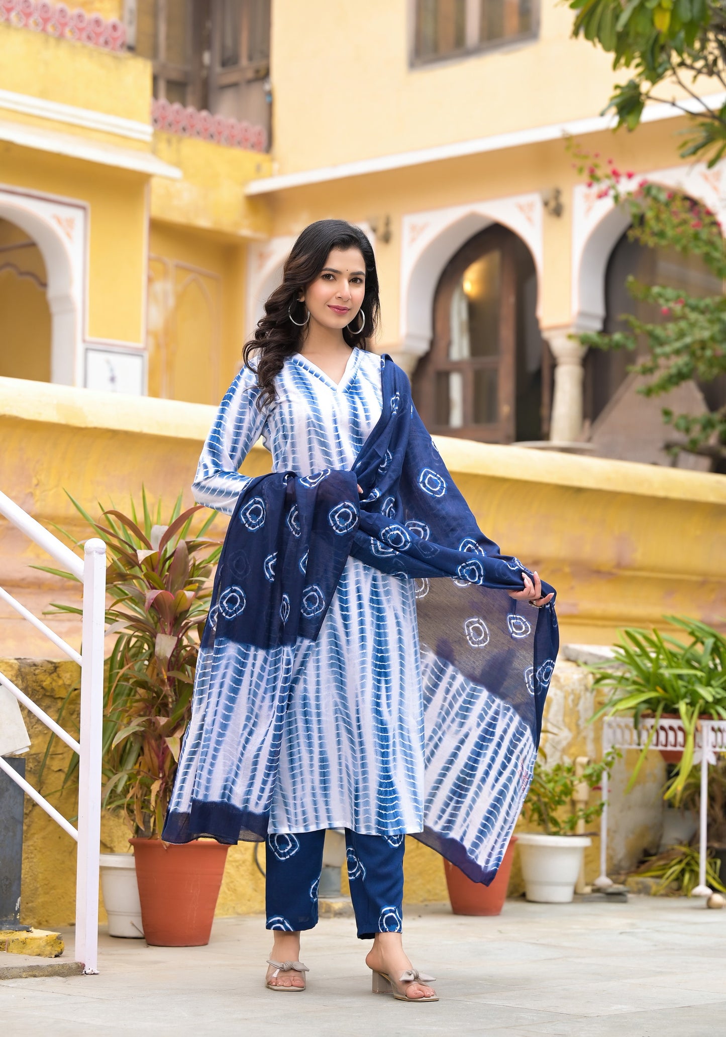 White and Blue Color Tie Die printed Kurta set with Bottom and Dupatta