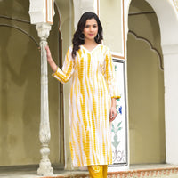 Yellow and White Tie Die printed Kurta Set with Bottom and Dupatta