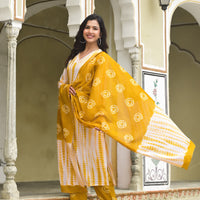 Yellow and White Tie Die printed Kurta Set with Bottom and Dupatta