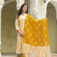 Yellow and White Tie Die printed Kurta Set with Bottom and Dupatta