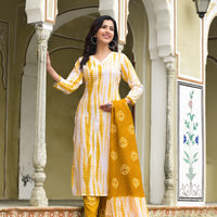 Yellow and White Tie Die printed Kurta Set with Bottom and Dupatta