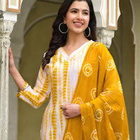 Yellow and White Tie Die printed Kurta Set with Bottom and Dupatta