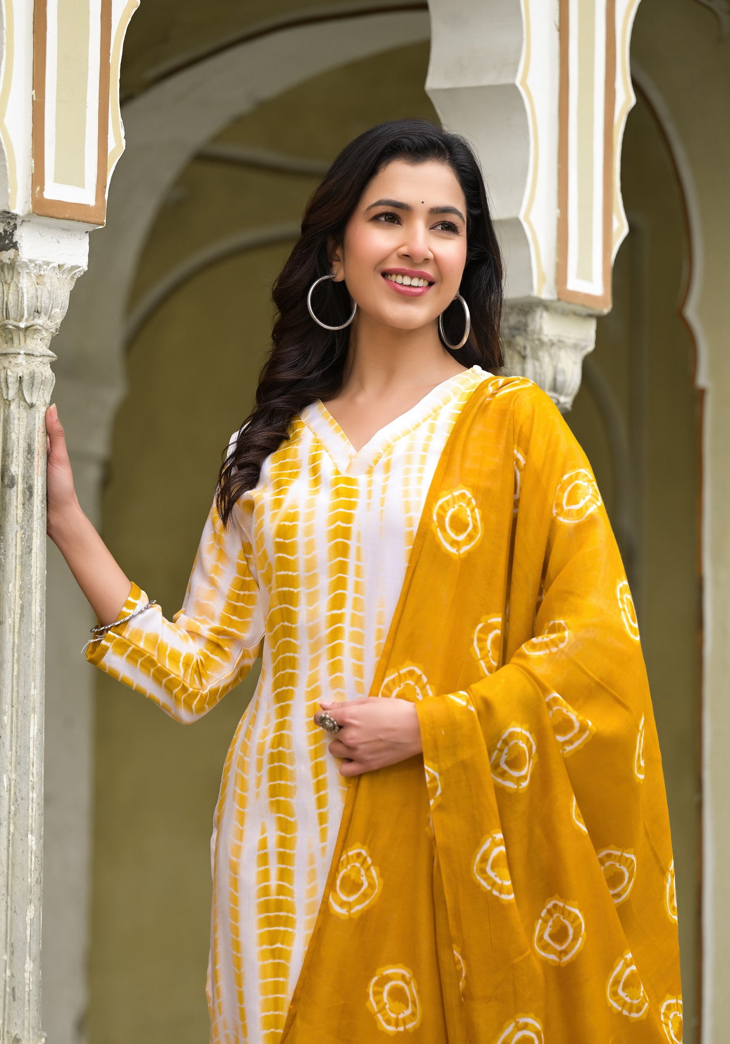 Yellow and White Tie Die printed Kurta Set with Bottom and Dupatta