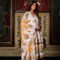 White Cotton Printed Carnation And Leaf Phula Kaalindi Anarkali Set For Women