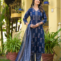 Floral Printed Kurta With Bottom Wear and Dupatta in Blue Color