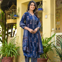 Floral Printed Kurta With Bottom Wear and Dupatta in Blue Color