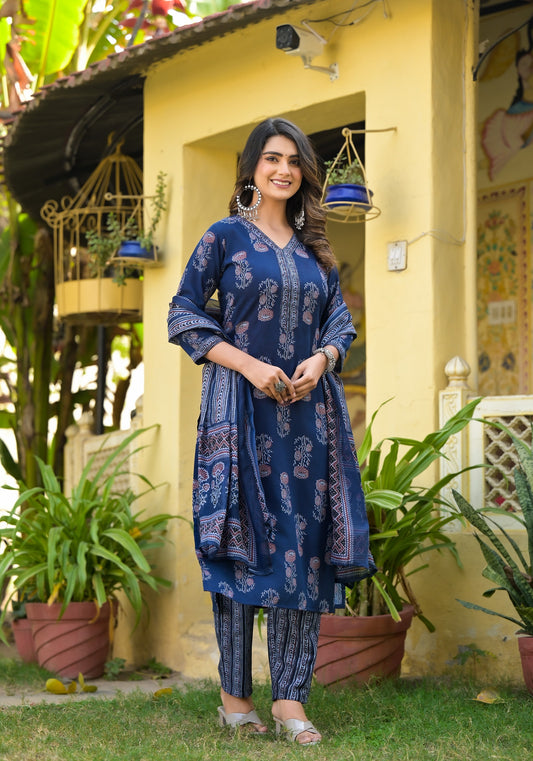 Floral Printed Kurta With Bottom Wear and Dupatta in Blue Color