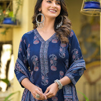 Floral Printed Kurta With Bottom Wear and Dupatta in Blue Color