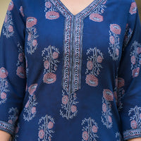 Floral Printed Kurta With Bottom Wear and Dupatta in Blue Color