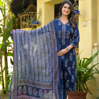 Floral Printed Kurta With Bottom Wear and Dupatta in Blue Color