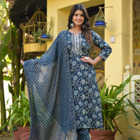 Blue Printed Straight Kurta Set with Bottom Wear and Dupatta