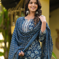 Blue Printed Straight Kurta Set with Bottom Wear and Dupatta