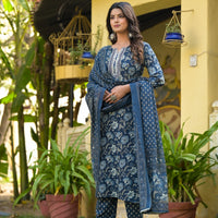 Blue Printed Straight Kurta Set with Bottom Wear and Dupatta