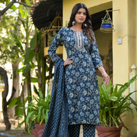 Blue Printed Straight Kurta Set with Bottom Wear and Dupatta