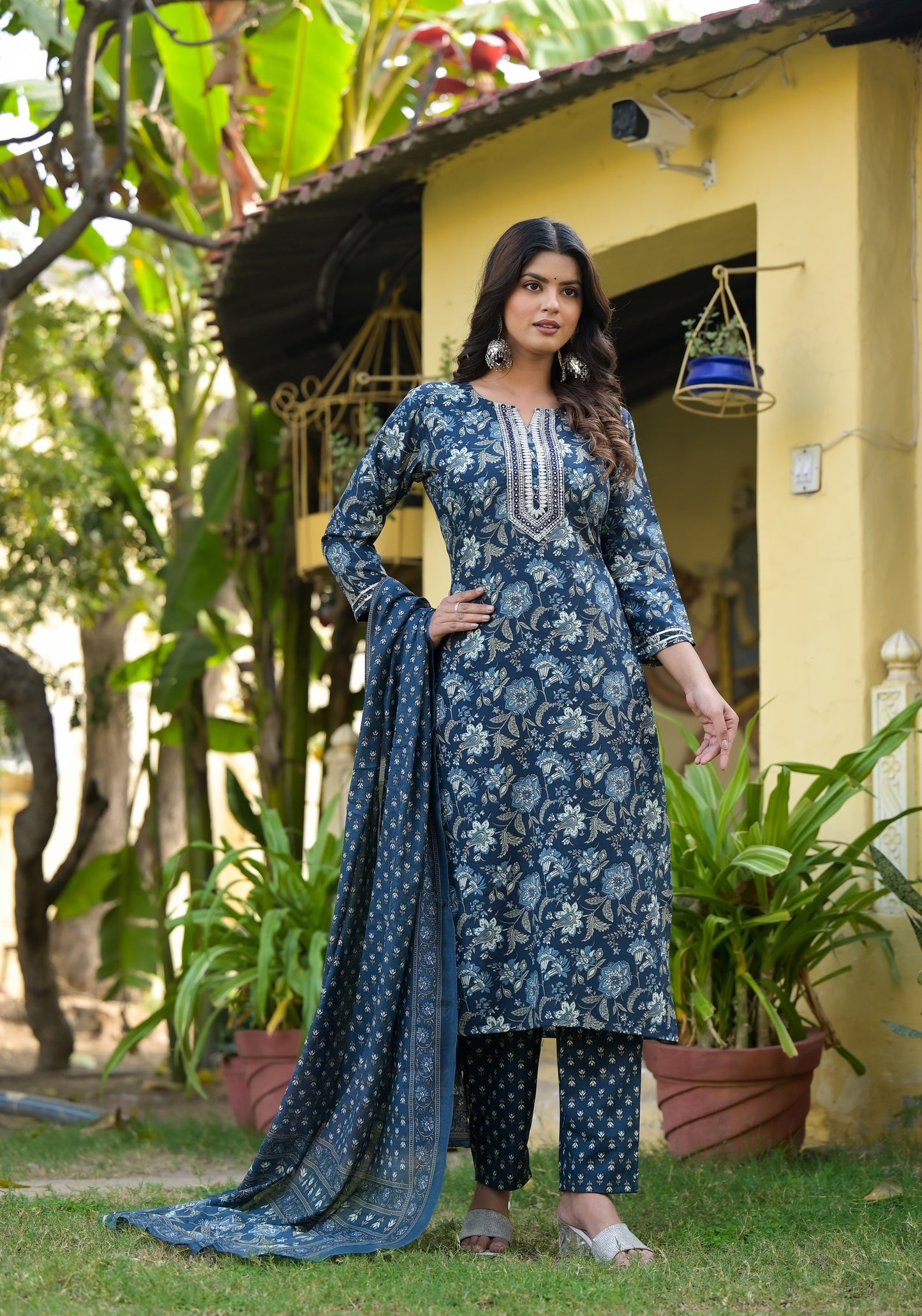 Blue Printed Straight Kurta Set with Bottom Wear and Dupatta