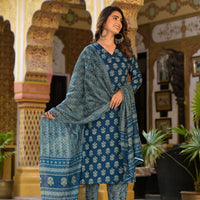 Block Printed Teal Blue Kurta Set with Bottom Wear and Dupatta