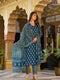 Block Printed Teal Blue Kurta Set with Bottom Wear and Dupatta