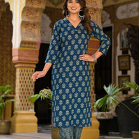 Block Printed Teal Blue Kurta Set with Bottom Wear and Dupatta