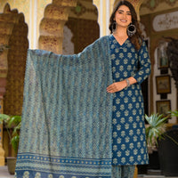 Block Printed Teal Blue Kurta Set with Bottom Wear and Dupatta