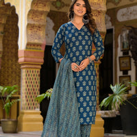 Block Printed Teal Blue Kurta Set with Bottom Wear and Dupatta