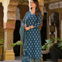 Block Printed Teal Blue Kurta Set with Bottom Wear and Dupatta