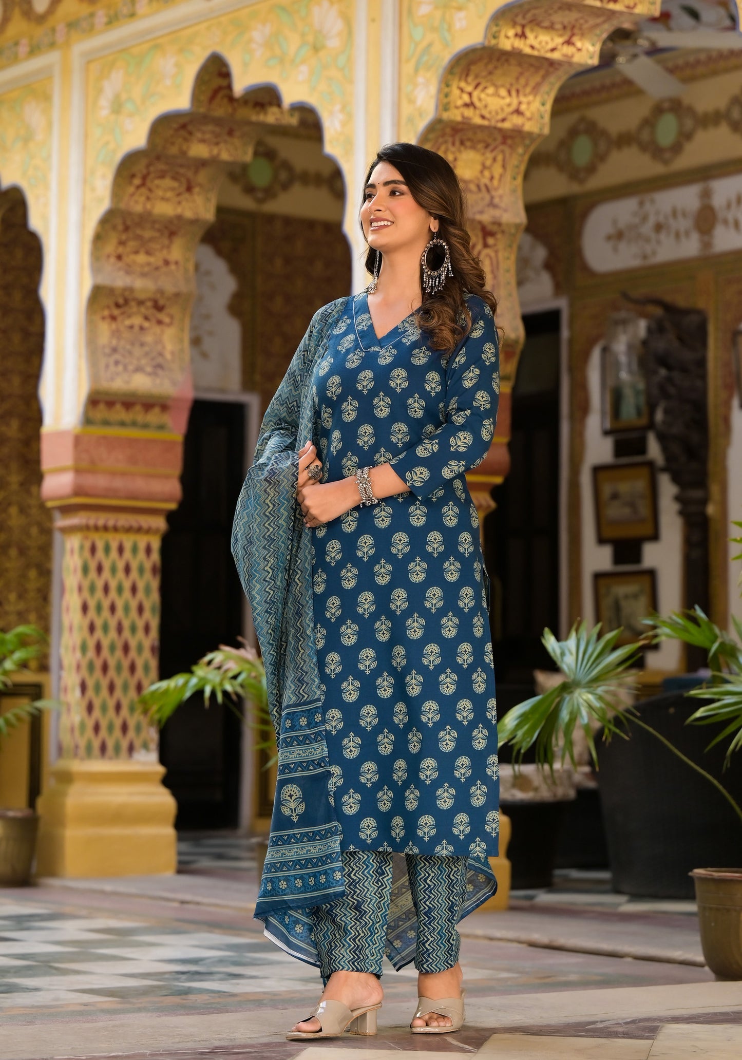 Block Printed Teal Blue Kurta Set with Bottom Wear and Dupatta