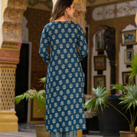 Block Printed Teal Blue Kurta Set with Bottom Wear and Dupatta