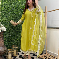 Women Embroidered Straight Kurta Set with Dupatta in Lime Color